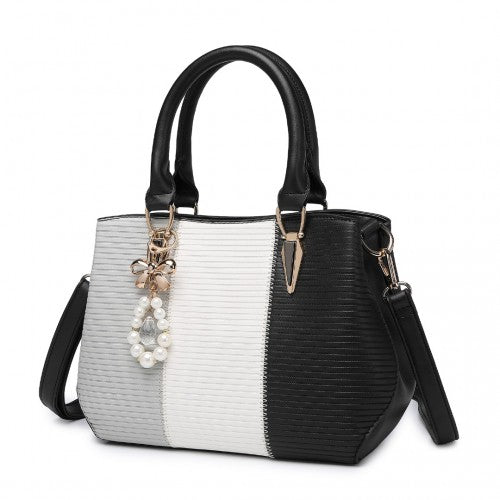 LG6866 - Miss Lulu Leather Look Colour Block Bow Pendant Handbag - Black | Neil's Luggage Store