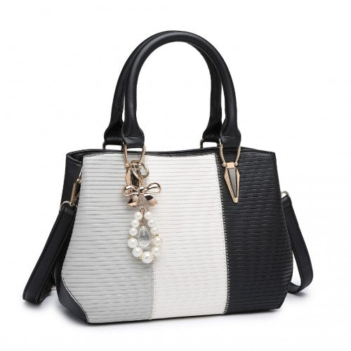 LG6866 - Miss Lulu Leather Look Colour Block Bow Pendant Handbag - Black | Neil's Luggage Store