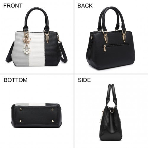 LG6866 - Miss Lulu Leather Look Colour Block Bow Pendant Handbag - Black | Neil's Luggage Store