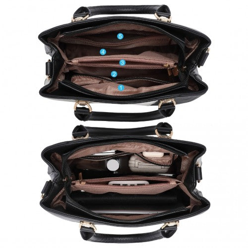 LG6866 - Miss Lulu Leather Look Colour Block Bow Pendant Handbag - Black | Neil's Luggage Store
