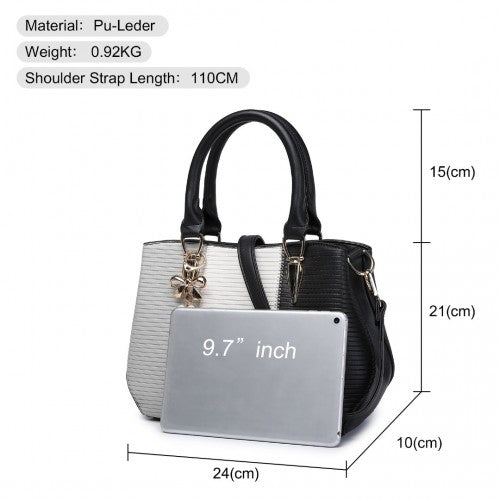 LG6866 - Miss Lulu Leather Look Colour Block Bow Pendant Handbag - Black | Neil's Luggage Store