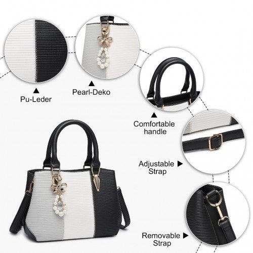 LG6866 - Miss Lulu Leather Look Colour Block Bow Pendant Handbag - Black | Neil's Luggage Store