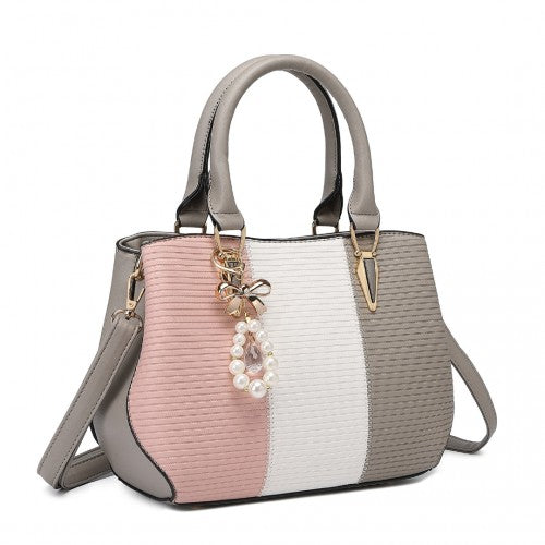LG6866 - Miss Lulu Leather Look Colour Block Bow Pendant Handbag - Grey | Neil's Luggage Store
