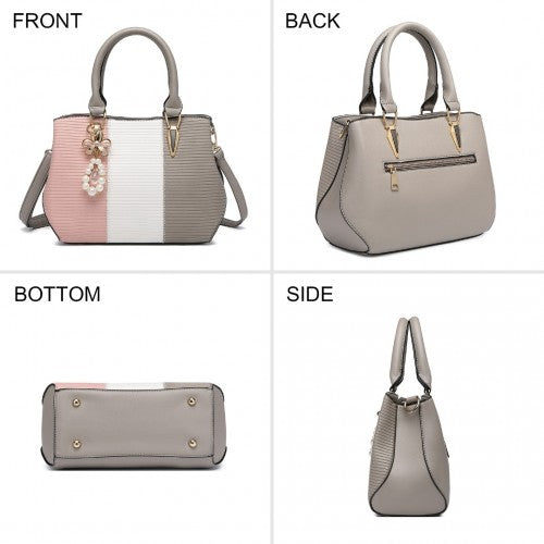 LG6866 - Miss Lulu Leather Look Colour Block Bow Pendant Handbag - Grey | Neil's Luggage Store