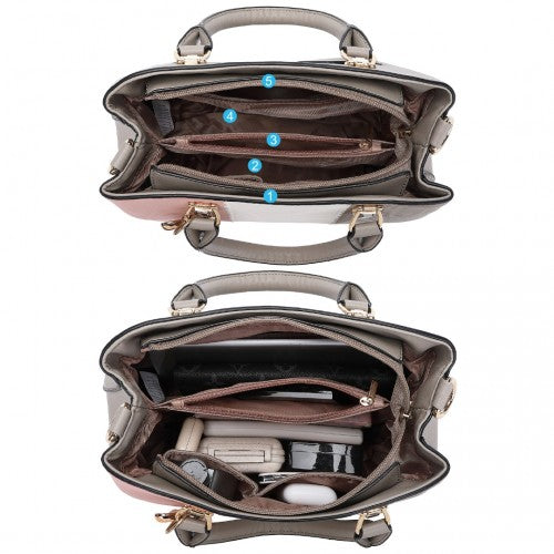 LG6866 - Miss Lulu Leather Look Colour Block Bow Pendant Handbag - Grey | Neil's Luggage Store