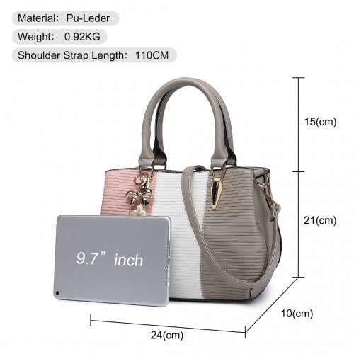 LG6866 - Miss Lulu Leather Look Colour Block Bow Pendant Handbag - Grey | Neil's Luggage Store