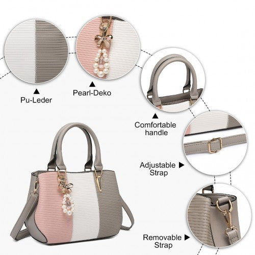 LG6866 - Miss Lulu Leather Look Colour Block Bow Pendant Handbag - Grey | Neil's Luggage Store