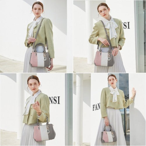 LG6866 - Miss Lulu Leather Look Colour Block Bow Pendant Handbag - Grey | Neil's Luggage Store