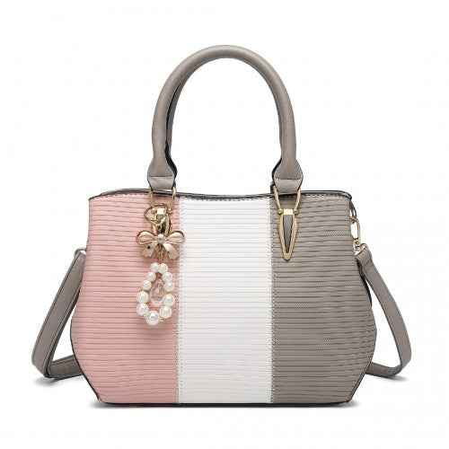 LG6866 - Miss Lulu Leather Look Colour Block Bow Pendant Handbag - Grey | Neil's Luggage Store