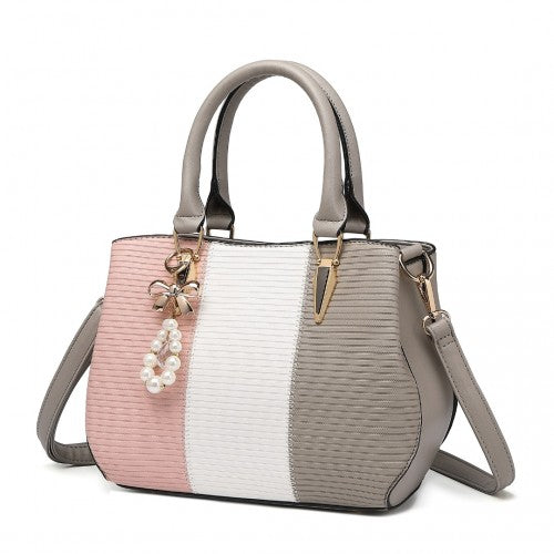 LG6866 - Miss Lulu Leather Look Colour Block Bow Pendant Handbag - Grey | Neil's Luggage Store