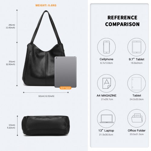 LH2230 - Miss Lulu Soft Leather Multiple Pocket Tote Shoulder Bag - Black by LuluBags