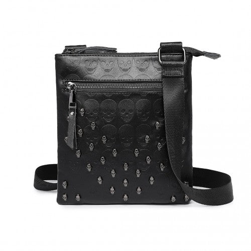 LH2419 - Miss Lulu Stylish Gothic Skull Embossed PU Leather Crossbody Messenger Bag with Metal Accents - Black | Neil's Luggage Store