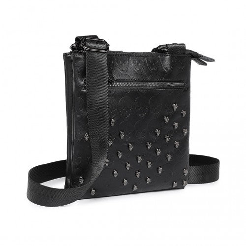 LH2419 - Miss Lulu Stylish Gothic Skull Embossed PU Leather Crossbody Messenger Bag with Metal Accents - Black | Neil's Luggage Store