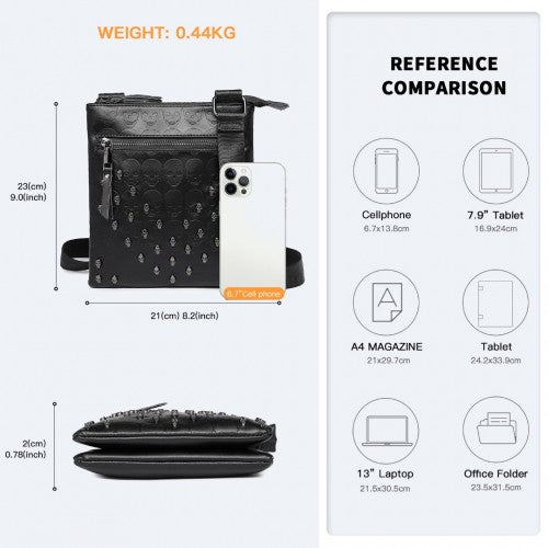 LH2419 - Miss Lulu Stylish Gothic Skull Embossed PU Leather Crossbody Messenger Bag with Metal Accents - Black | Neil's Luggage Store