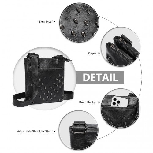 LH2419 - Miss Lulu Stylish Gothic Skull Embossed PU Leather Crossbody Messenger Bag with Metal Accents - Black | Neil's Luggage Store