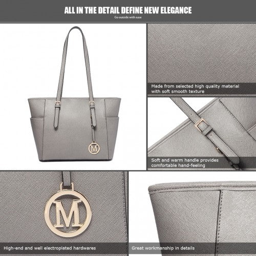 LM1642-1 - Miss Lulu Faux Leather Adjustable Handle Tote Bag - Grey | Neil's Luggage Store