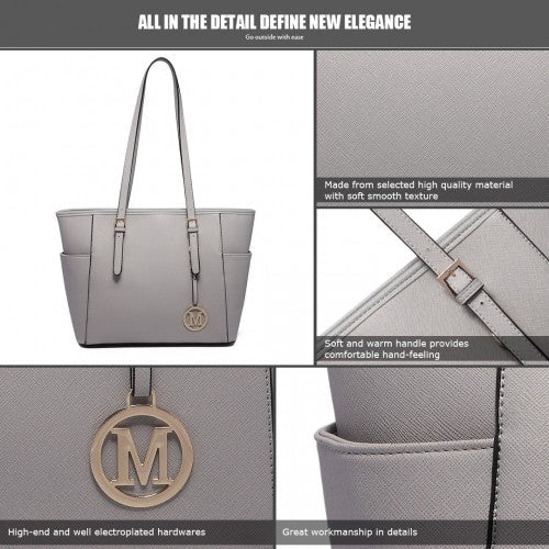 LM1642-1 - Miss Lulu Faux Leather Adjustable Handle Tote Bag - Light Grey | Neil's Luggage Store