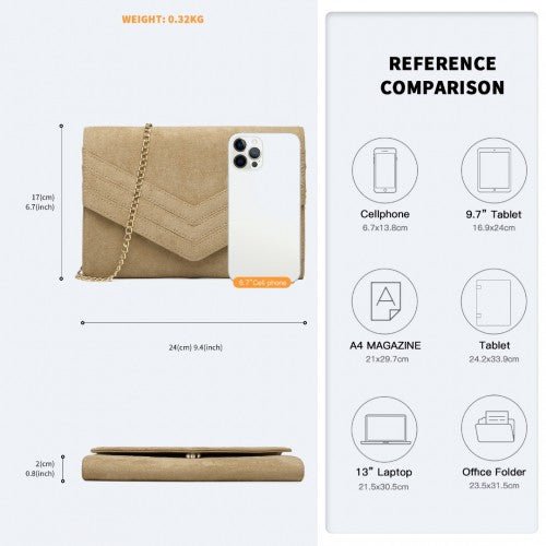 LP1963 Miss Lulu Chevron Envelope Clutch Bag Light Brown Suede Effect Evening Bag With Timeless Elegance | Neil's Luggage Store