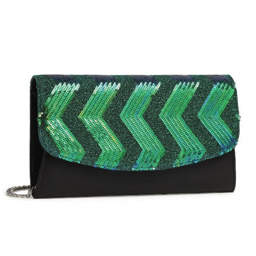 LP2311 - Miss Lulu Gorgeous Sequins Evening Clutch Bag Chain Shoulder Bag - Black And Green | Neil's Luggage Store