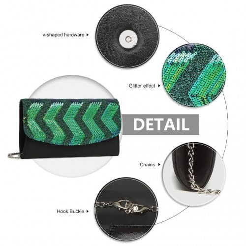 LP2311 - Miss Lulu Gorgeous Sequins Evening Clutch Bag Chain Shoulder Bag - Black And Green | Neil's Luggage Store