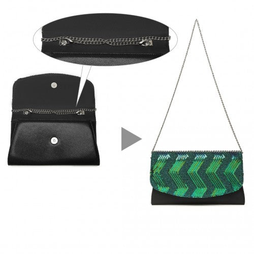 LP2311 - Miss Lulu Gorgeous Sequins Evening Clutch Bag Chain Shoulder Bag - Black And Green | Neil's Luggage Store