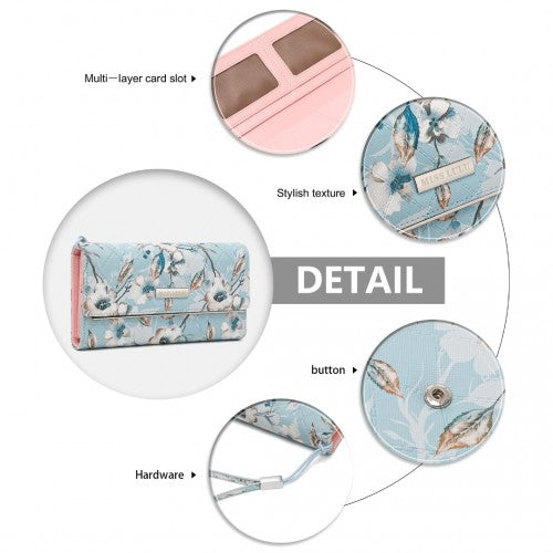 LP2353F - Miss Lulu Ladies' Flower Printed PU Leather Long Purse - Blue | Neil's Luggage Store