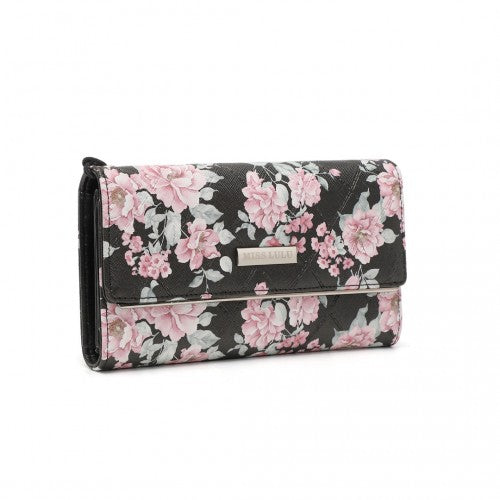 LP2353F - Miss Lulu Ladies' Flower Printed PU Leather Long Purse - Black | Neil's Luggage Store