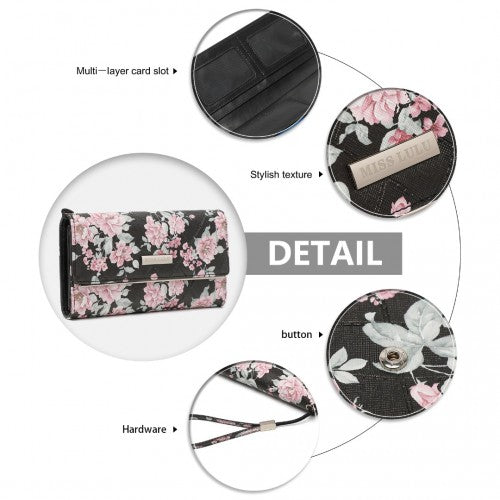 LP2353F - Miss Lulu Ladies' Flower Printed PU Leather Long Purse - Black | Neil's Luggage Store