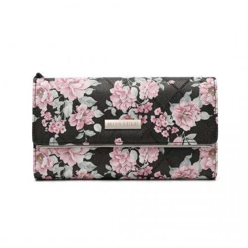 LP2353F - Miss Lulu Ladies' Flower Printed PU Leather Long Purse - Black | Neil's Luggage Store
