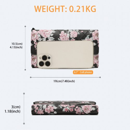 LP2353F - Miss Lulu Ladies' Flower Printed PU Leather Long Purse - Black | Neil's Luggage Store