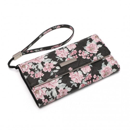 LP2353F - Miss Lulu Ladies' Flower Printed PU Leather Long Purse - Black | Neil's Luggage Store