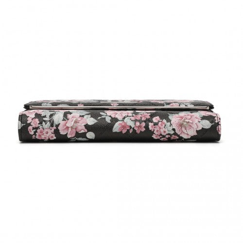 LP2353F - Miss Lulu Ladies' Flower Printed PU Leather Long Purse - Black | Neil's Luggage Store
