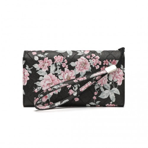 LP2353F - Miss Lulu Ladies' Flower Printed PU Leather Long Purse - Black | Neil's Luggage Store
