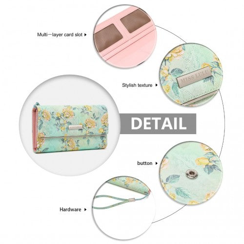 LP2353F - Miss Lulu Ladies' Flower Printed PU Leather Long Purse - Green | Neil's Luggage Store