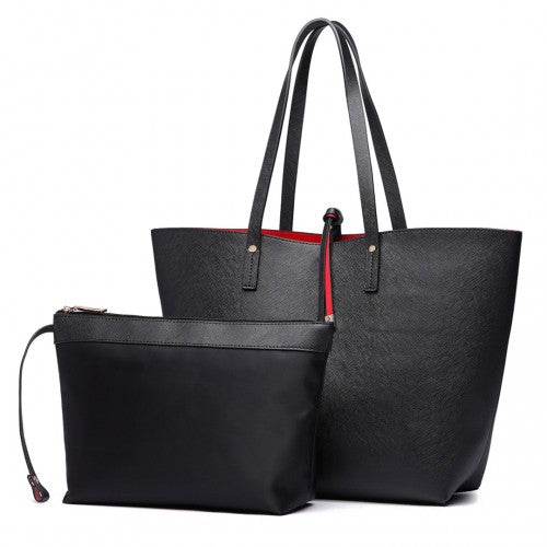 LT6628-1 - Miss Lulu Women Reversible Contrast Shopper Tote Bag Black | Neil's Luggage Store