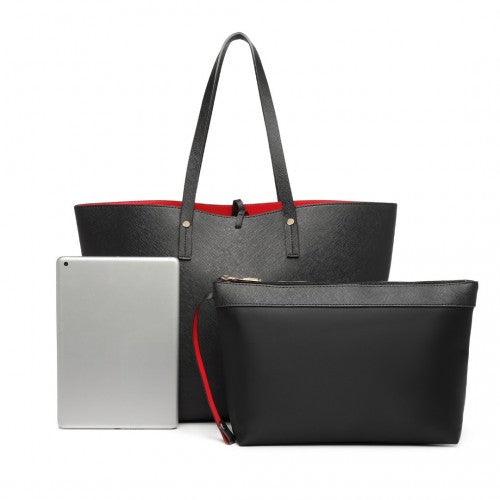 LT6628-1 - Miss Lulu Women Reversible Contrast Shopper Tote Bag Black | Neil's Luggage Store