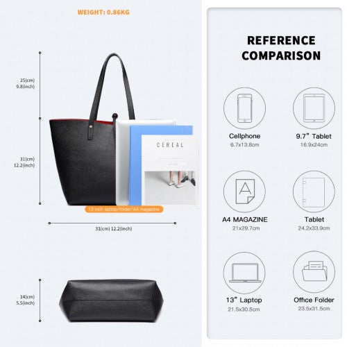 LT6628-1 - Miss Lulu Women Reversible Contrast Shopper Tote Bag Black | Neil's Luggage Store