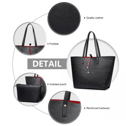 LT6628-1 - Miss Lulu Women Reversible Contrast Shopper Tote Bag Black | Neil's Luggage Store
