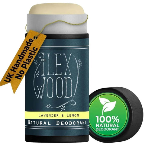 Lavender and lemon natural deodorant in plastic-free recyclable cardboard tube, handmade UK, vegan and aluminum-free with fresh calming scent