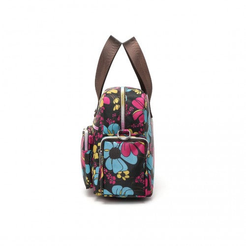 MSK2434F - Kono Versatile Multi-Pocket Travel Bag With Adjustable Detachable Strap And Flower Print - Black | Neil's Luggage Store