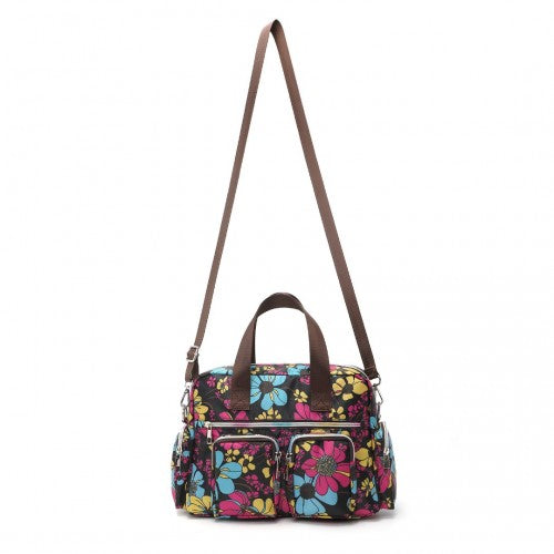 MSK2434F - Kono Versatile Multi-Pocket Travel Bag With Adjustable Detachable Strap And Flower Print - Black | Neil's Luggage Store