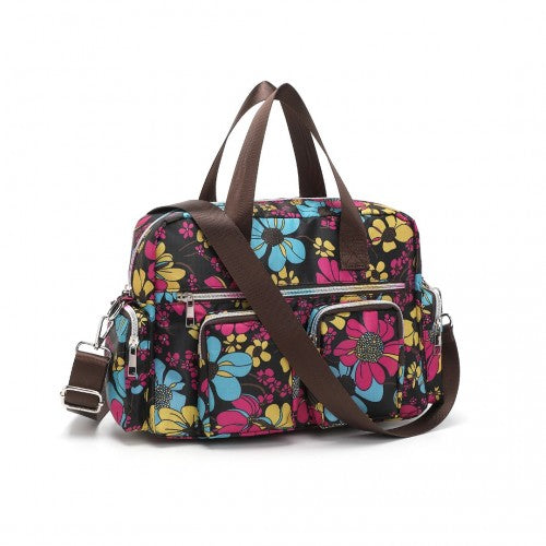 MSK2434F - Kono Versatile Multi-Pocket Travel Bag With Adjustable Detachable Strap And Flower Print - Black | Neil's Luggage Store
