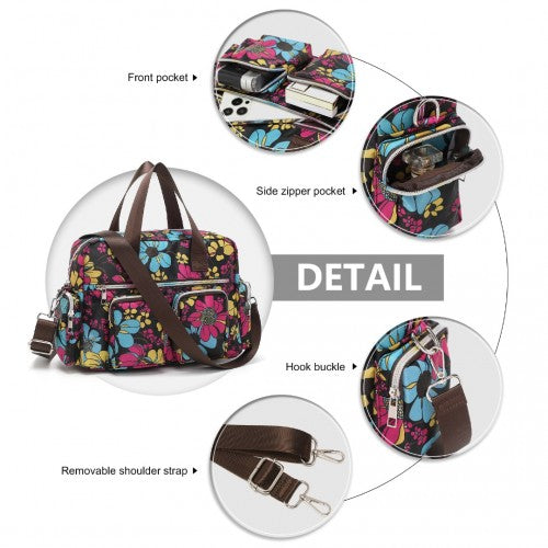 MSK2434F - Kono Versatile Multi-Pocket Travel Bag With Adjustable Detachable Strap And Flower Print - Black | Neil's Luggage Store