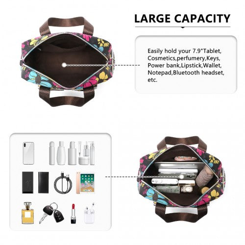 MSK2434F - Kono Versatile Multi-Pocket Travel Bag With Adjustable Detachable Strap And Flower Print - Black | Neil's Luggage Store
