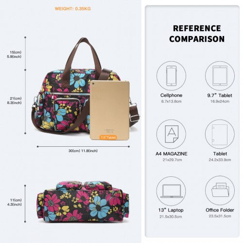 MSK2434F - Kono Versatile Multi-Pocket Travel Bag With Adjustable Detachable Strap And Flower Print - Black | Neil's Luggage Store