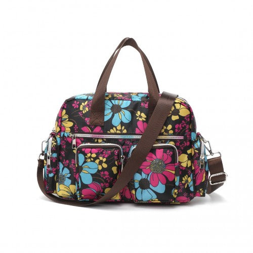 MSK2434F - Kono Versatile Multi-Pocket Travel Bag With Adjustable Detachable Strap And Flower Print - Black | Neil's Luggage Store