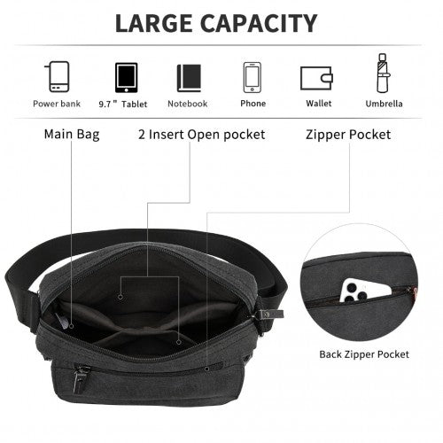 MSK2455 - Kono Canvas Crossbody Shoulder Bag – Multi-Pocket Messenger Bag with Adjustable Strap and Front Organizer Panel - Black by LuluBags