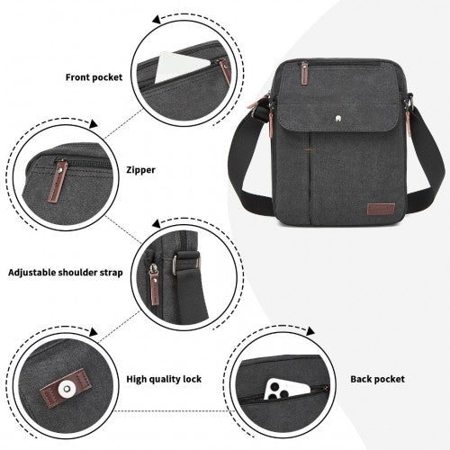 MSK2455 - Kono Canvas Crossbody Shoulder Bag – Multi-Pocket Messenger Bag with Adjustable Strap and Front Organizer Panel - Black by LuluBags