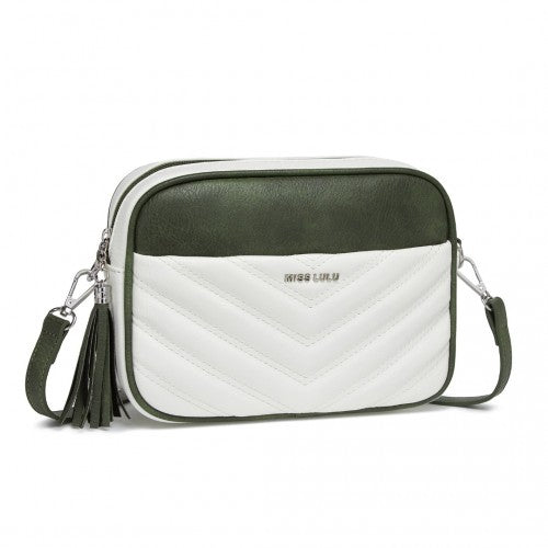 MSM2460 - Miss Lulu Minimalist V-Stitch PU Leather Crossbody Bag with Tassel Zip - White And Green | Neil's Luggage Store