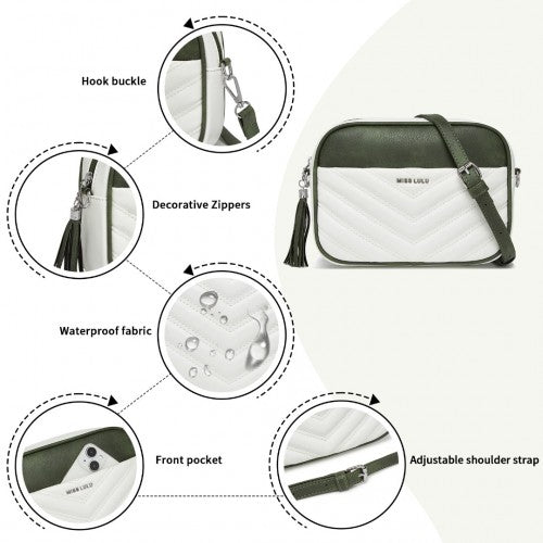 MSM2460 - Miss Lulu Minimalist V-Stitch PU Leather Crossbody Bag with Tassel Zip - White And Green | Neil's Luggage Store